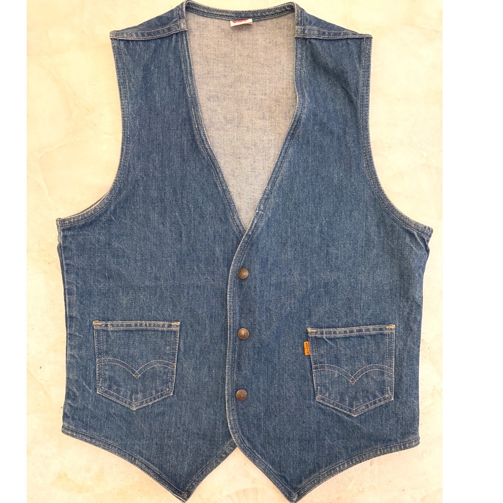 Vintage 70s Levi's Orange Tab Denim Western Vest Snap Front Medium Made in USA